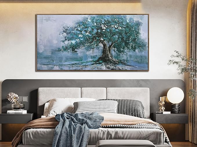 Ardemy Tree Canvas Wall Art for Living Room Teal Tree of Life Landscape Bedroom Picture Modern Nature Painting Blue Artwork Home Office Wall Decor, Extra Large Wood Framed 58"x29"