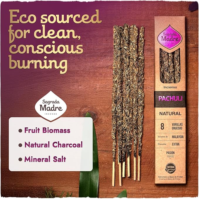 Sargada Madre - 8 Natural Patchouli Incense Sticks, 9 Inches Each - Aromatherapy Sticks for Protection, Love & Prosperity - Purify Your Space & Attract Positive Energy - Extended 1 Hour Burn Time