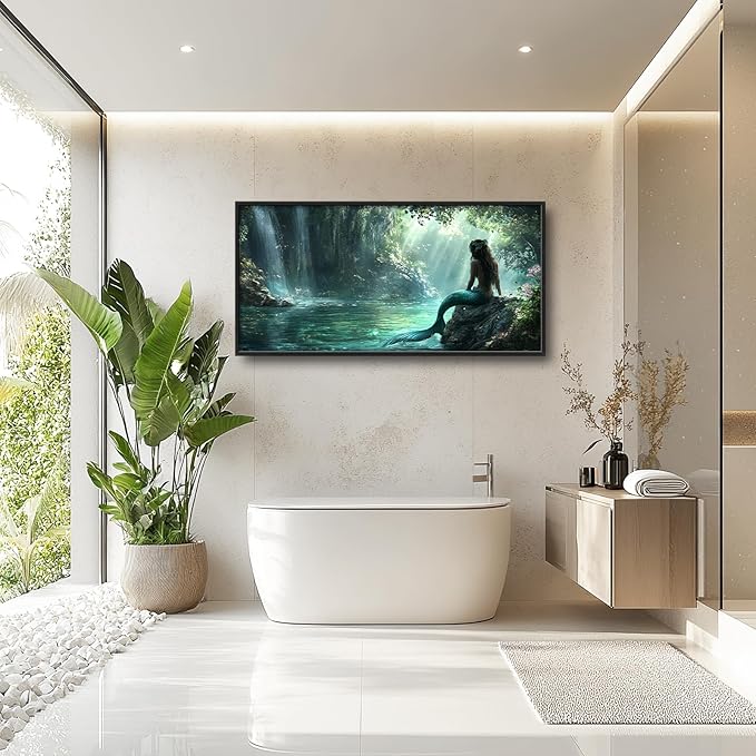 Mermaid Extra Large Wall Art Forest Waterfall Mermaid Pictures Wall Decor Cabin Canvas Prints Painting Oversize Framed Artwork Home Decoration Above Bed for Bedroom Bathroom Living Room 60"x30"