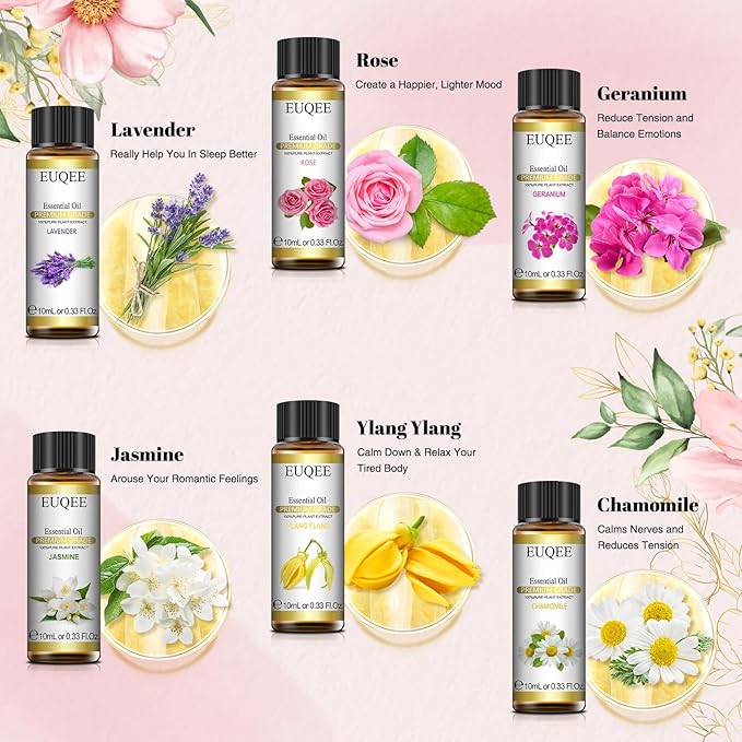 Floral Essential Oils Set of 6 Pure Essential Oil Gift Set for Diffusers, Soap & Candle Making - Lavender, Rose, Ylang Ylang, Jasmine, Geranium, Chamomile Aromatherapy Oils - 10ml