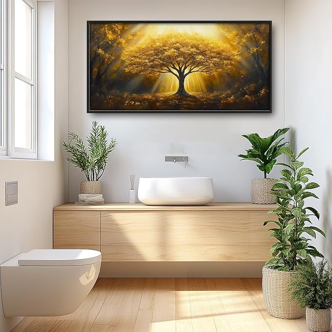 SweetFox Extra Large Tree of Life Framed Wall Art for Living Room, Golden Tree Forest Pictures Oversized Wall Decor Abstract Canvas Painting Print Artwork for Bathroom Master Bedroom 60L X 30W
