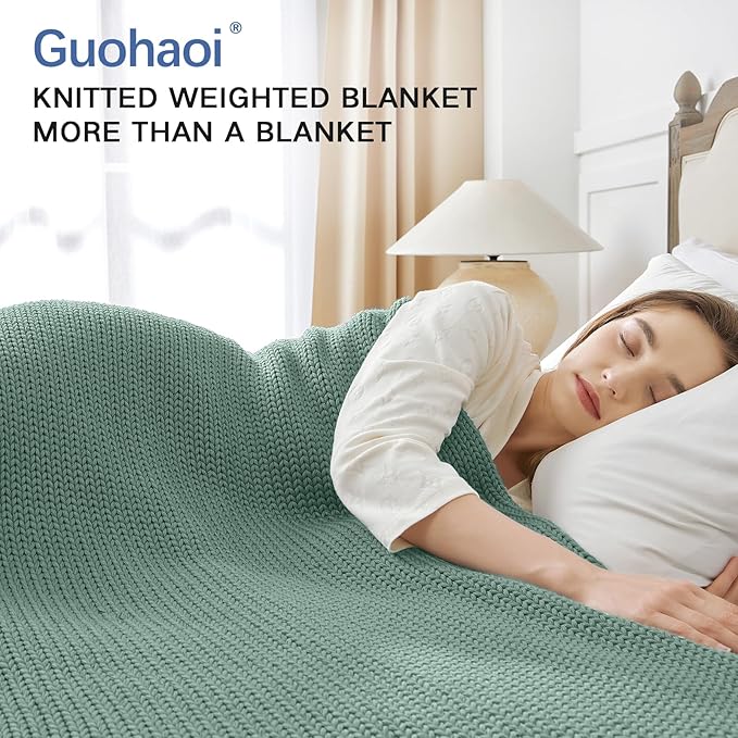 Guohaoi Knitted Weighted Blanket for Adults (Haze Green 60"x80" 15lbs) No Beads Cooling Throw Blanket for Hot Sleepers, Home Decor Breathable Chunky Knit Heavy Blanket Use on Queen/King Size Bed