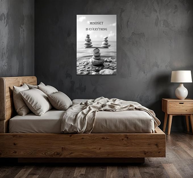 YIOZHAOFH Mindset Wall Art for Zen Office Inspirational Pictures Wall Decor Motivational Quotes Canvas Art Black and White Landscape Nature Print Poster Painting Framed for Meditation Spa Room Bedroom (24L x 36W)