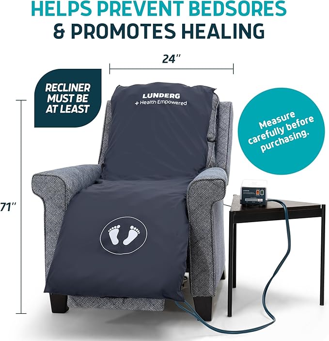Lunderg Alternating Air Pressure Pad for Recliner Chair - Pressure Relief Cushion Topper for Recliner - Bed Sore Prevention - Medical Grade Mattress Pad, Cover & Quiet Pump - Home or Hospital (Blue)