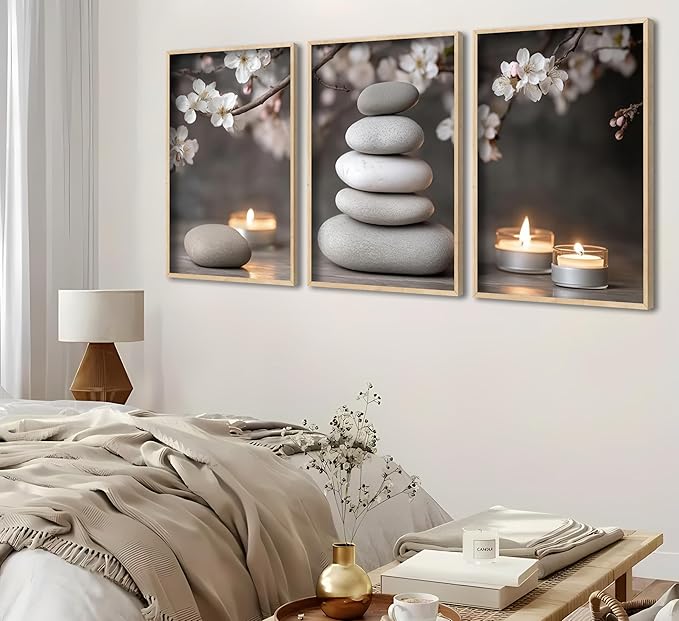 ZHJIOFXG Zen Flowers Wall Art, Zen Cherry blossoms Painting Picture Wall Decor, Stones Candlelight Poster Print, Calm Relaxation Meditation Artwork for Office Living Room Bedroom 12x16 in Unframed