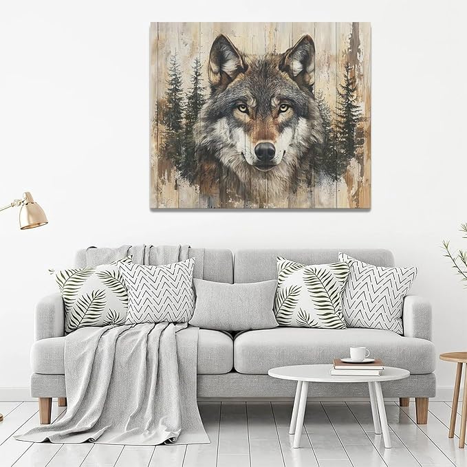 Vintage Wolf Wall Art Farmhouse Wildlife Wall Decor Country Animal Pictures Canvas Painting Artwork Home Decorations for Living Room Bedroom Bathroom Office 24"x20"