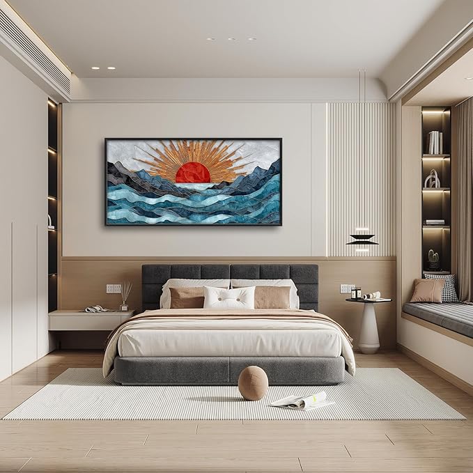 Glocmna Large Wall Art for Living Room Japanese Stained Glass Mountain Sunrise Wall Decor Modern Oriental Landscape Canvas Big Pictures Painting Print Framed Artwork Decorations Gifts for Bedroom Home Office Hotel 30"x60"