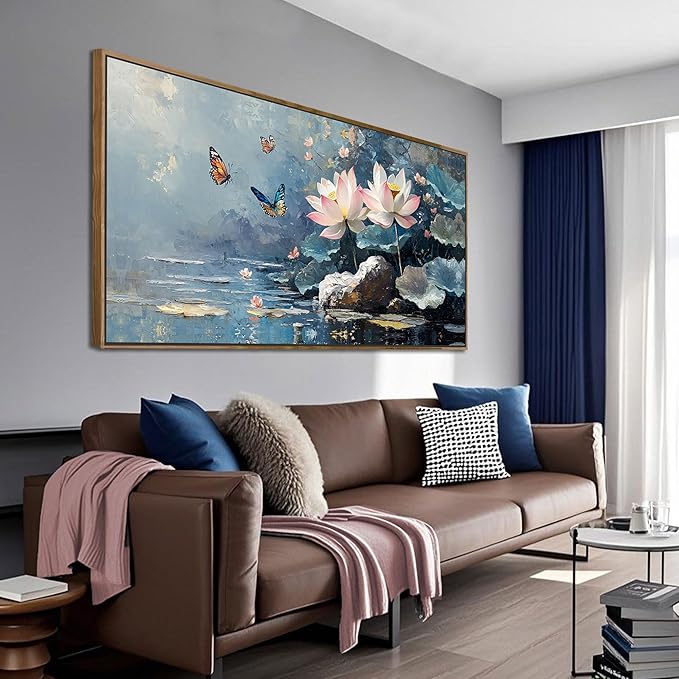 Ardemy Framed Canvas Wall Art Lotus Flower Painting for Living Room Blue Landscape Zen Butterfly Nature Artwork Bedroom Kitchen Bathroom Dining Room Home Office Spa Wall Decor, Large 40"x20"