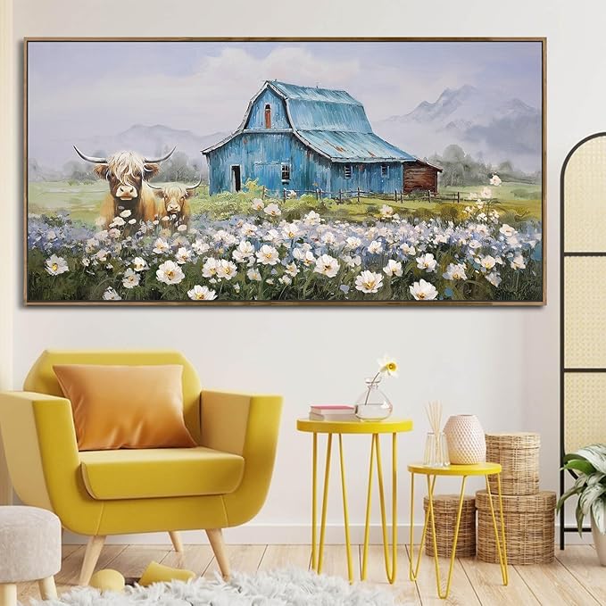 Anolyfi Barn Farmhouse Canvas Wall Art for Living Room, Highland Cow Picture and Country Chic Landscape Farm Painting Turquoise Artwork for Bedroom Office Hallway Home Decor, Wood Framed 48"x24"
