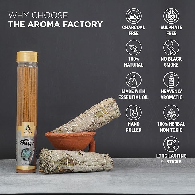 The Aroma Factory White Sage Agarbatti for Pooja, Luxury Incense Sticks, Low Smoke & Zero Charcoal, Premium & Fresh Fragrance for Home, Meditation, 100g X 1Bottle Pack