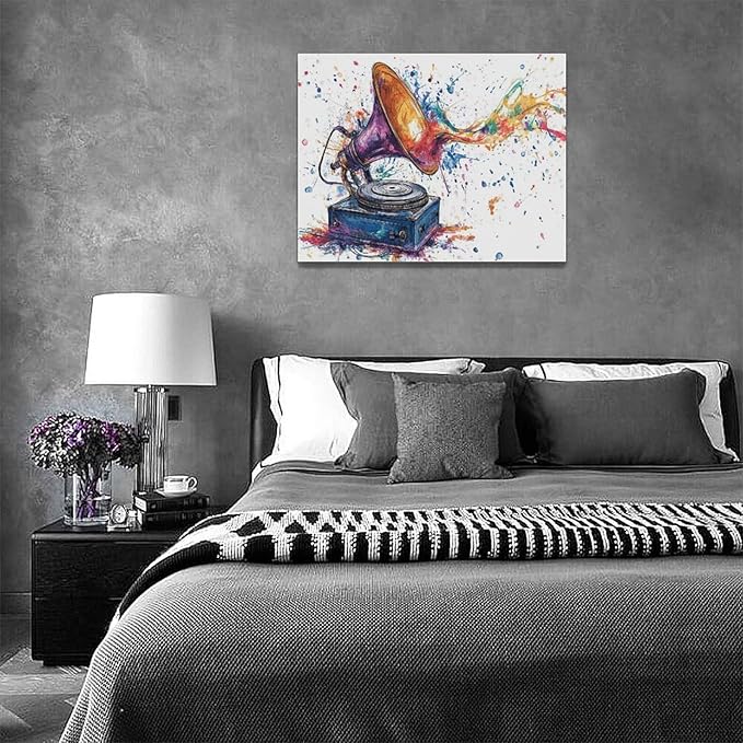 Fleruku Watercolor Phonograph Wall Art Colorful Phonograph Wall Decor Pictures Canvas Painting Artwork Home Decorations for Living Room Bedroom Bathroom Office Nursery Classroom 16"x12"