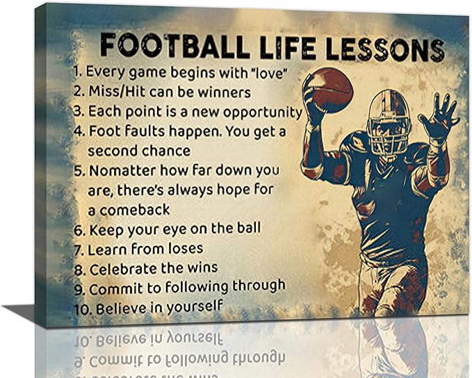 Farmhouse Football Wall Art For Boy Room Rustic Football Life Lessons Wall Decor Retro Football Sign Canvas Painting Artwork Home Decorations for Man Teenager Office Bedroom Living Room 24"x16"