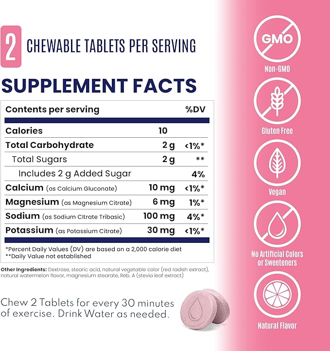 SaltStick FastChews Electrolytes - 60 Chewable Electrolyte Tablets - Watermelon - Salt Tablets for Running, Fast Hydration, Leg Cramps Relief, Sports Recovery - Non-GMO, Vegan, Gluten Free
