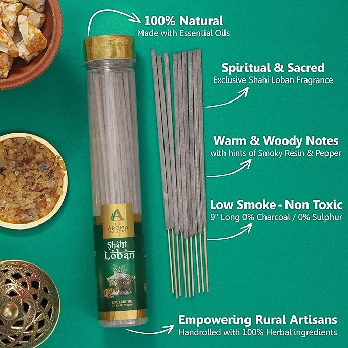 The Aroma Factory Organic Incense Sticks Shahi Loban | No Charcoal | 100% Herbal | Natural Essential Oils, Low Smoke | 100% Herbal Fragrance Pooja Agarbatti | 1x100g Bottle