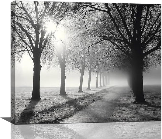 Olivine Tree Wall Art, Black And White Pictures Wall Decor, Mist Forest Painting Nature Lanscape Canvas Prints, Framed Artwork for Bathroom Bedroom Living Room Kitchen Office Home Decoration 24"x20"