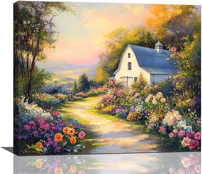 Olivine Garden Wall Art, Barn Pictures Wall Decor, Sunset Painting Vintage Village Garden Canvas Print, Framed Artwork for Living Room Bedroom Bathroom Office Home Decoration 24"x20"