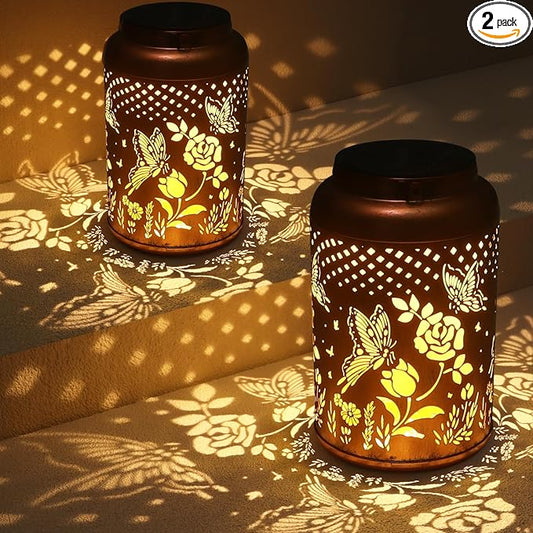 2 Pack Solar Lanterns Outdoor Waterproof, Butterfly Rose Garden Decor Birthday Gifts for Women Mom Grandma Hanging Solar Lights Metal Solar Decoration Outside for Yard, Patio, Lawn