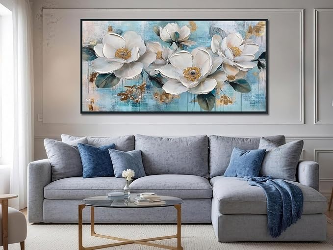 Ardemy Flower Wall Art for Living Room，White Gold Floral Canvas Framed Wall Art Painting Artwork Bedroom Picture Wall Decor Home Office 40"x20"