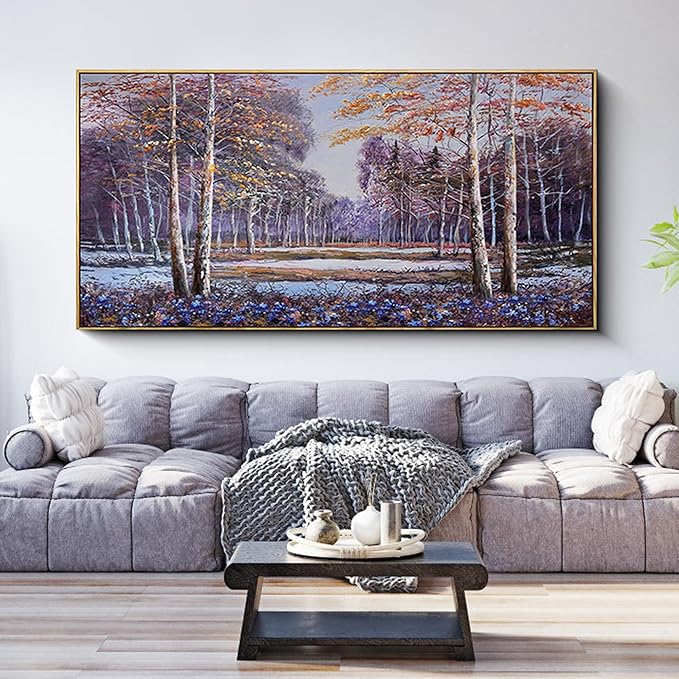 KLAKLA Large Purple Wall Art - Blue and Orange Nature Scenery Tree landscape Wall Decor Living Room Bedroom Forest Pictures Framed Artwork for Wall Blue Flower Wall Art