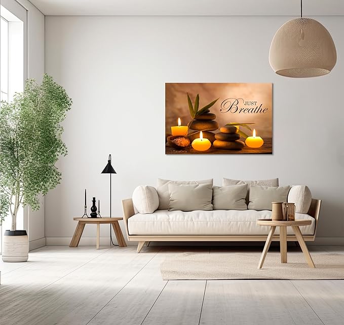 YIOZHAOFH Zen Wall Decor Just Breathe Motivational Bathroom Wall Art Yoga Room Poster for Women Spa Picture Painting Spiritual Artwork Framed for Living Room Ready to Hang (28L x 44W)