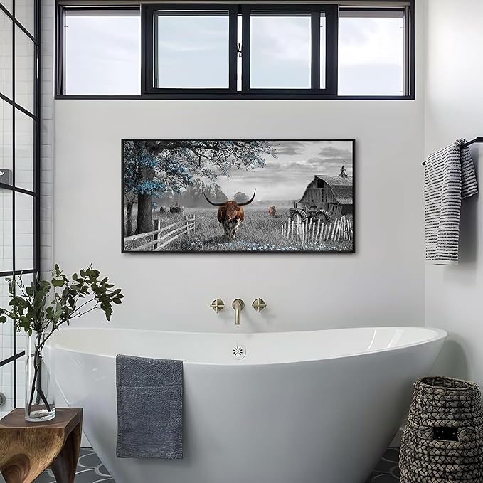 yiijeah Western Decor for Home - Cow Pictures Wall Decor Living Room Modern Rustic Farmhouse Framed Wall Decor Prints Highland Cow boho Longhorn Decor Bedroom Canvas Artwork for Walls