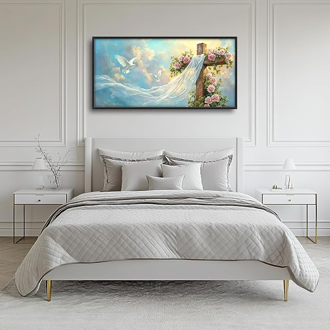 Cross Large Wall Art Christian Religious Pictures Wall Decor Rose Dove Big Canvas Painting Prints Framed Artwork Home Church Decorations Above Bed for Prayer Bedroom Living Room Dining Room 60"x30"