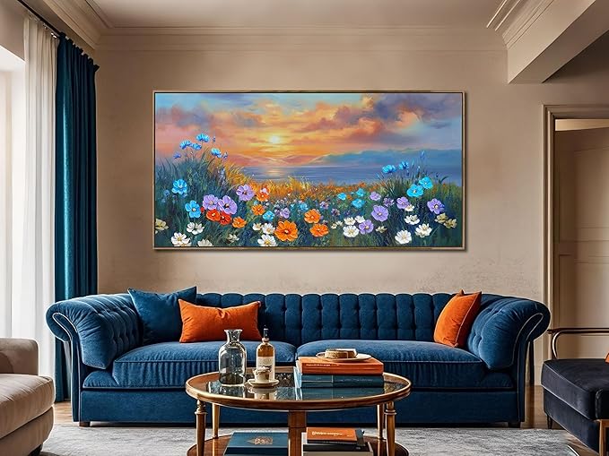 Ardemy Landscape Wall Art for Living Room Coastal Sunset Flower Canvas Bedroom Textured Floral Wildflower Blue Ocean Painting Nature Artwork Home Office Wall Decor, Wood Framed Large 48"x24"