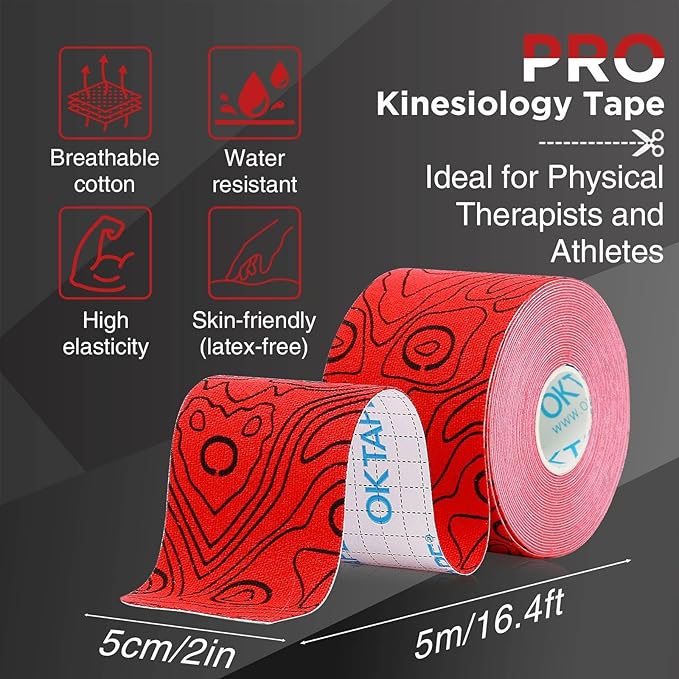 OK TAPE PRO Kinesiology Tape Uncut Roll, Elastic Physical Therapy Athletic Tape for Pain Relief, Muscle Support, Kinetic Tape, Water Resistant, 2in X 16.4ft -Red 2 Rolls