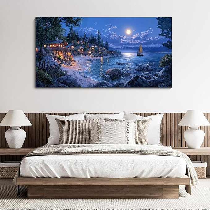 CHATYOUNG Bedroom Ocean Wall Art, Large Moon Night Sea View Canvas Wall Pictures Seashore Navy Blue Modern Artwork Wall Painting for Bedroom Living Room Kitchen Home Office Decor 29x58 IN