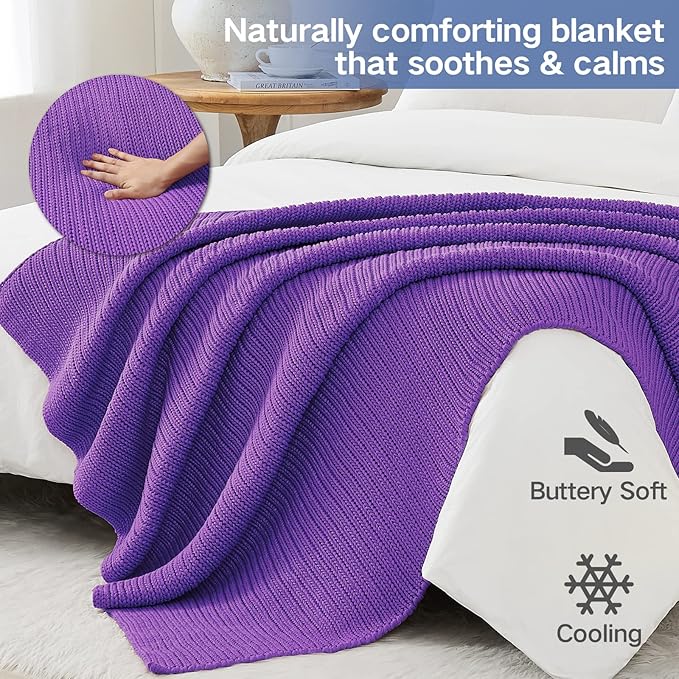 Guohaoi Knitted Weighted Blanket for Adults (Purple 60"x80" 20lbs) No Beads Cooling Throw Blanket for Hot Sleepers, Home Decor Breathable Chunky Knit Heavy Blanket Use on Queen/King Size Bed