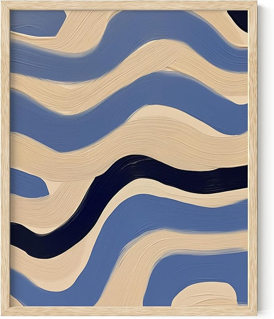 HAUS AND HUES Modern Abstract Wall Art - Blue and Green Living Room Art, Modern Artwork for Walls, Minimalist Picture for Living Room(Blue Abstract Pattern 4, Beige Frame, 16x20)