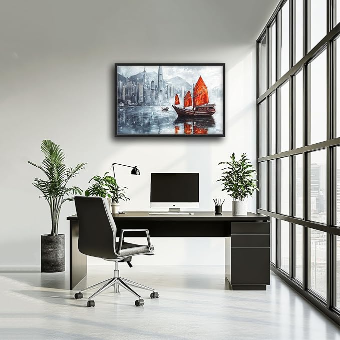 Cityscape Boat Large Wall Art Sailboat Pictures Wall Decor Coastal Canvas Ocean Nautical Print Painting Modern Artwork Home Decoration for Living Room Bathroom Bedroom Office Framed 24"x36"