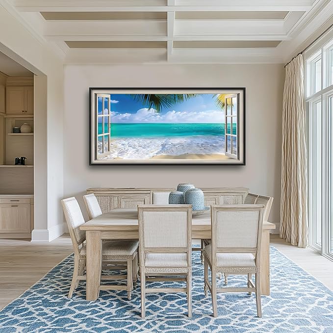 Beach Wall Art Ocean Palm Pictures Wall Decor Window Coastal Large Canvas Prints Paintings Home Office Decorations Framed Artwork for Living Room 60"x30"