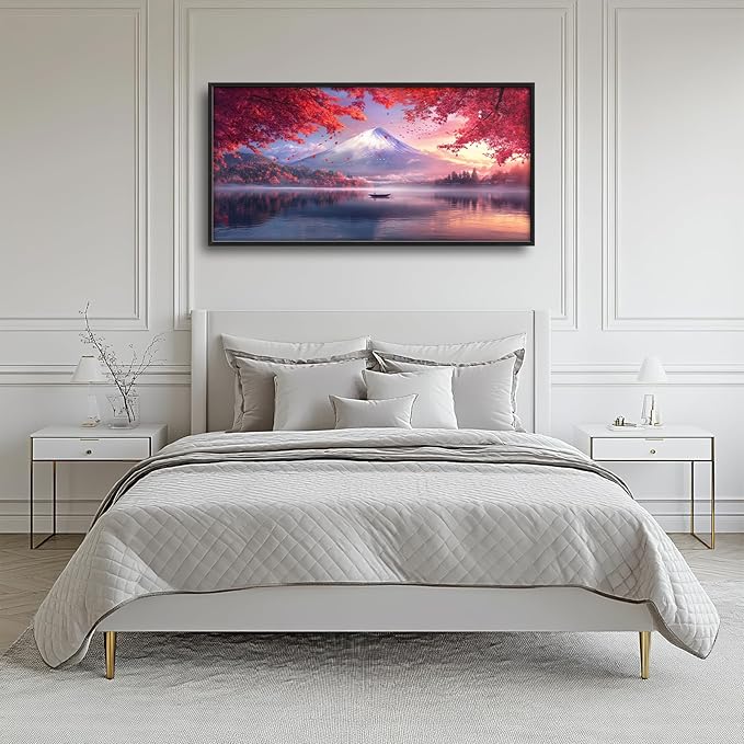 Japanese Mountain Lake Large Wall Art Pink Japan Pictures Wall Decor Nature Landscape Big Canvas Painting Prints Framed Artwork Home Decorations Above Bed for Bedroom Living Room Dining Room 60"x30"