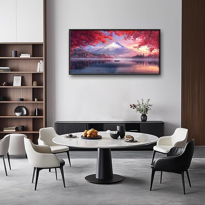Japanese Mountain Lake Large Wall Art Pink Japan Pictures Wall Decor Nature Landscape Big Canvas Painting Prints Framed Artwork Home Decorations Above Bed for Bedroom Living Room Dining Room 60"x30"