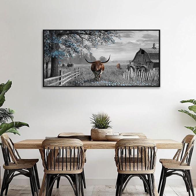 yiijeah Western Decor for Home - Cow Pictures Wall Decor Living Room Modern Rustic Farmhouse Framed Wall Decor Prints Highland Cow boho Longhorn Decor Bedroom Canvas Artwork for Walls