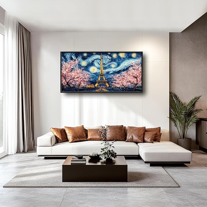 Eiffel Tower Large Wall Art Paris Cherry Blossom Pictures Wall Decor Landmark Landscape Canvas Starry Sky Print Painting Modern Artwork Home Decoration for Living Room Bathroom Bedroom Office Framed 60"x30"