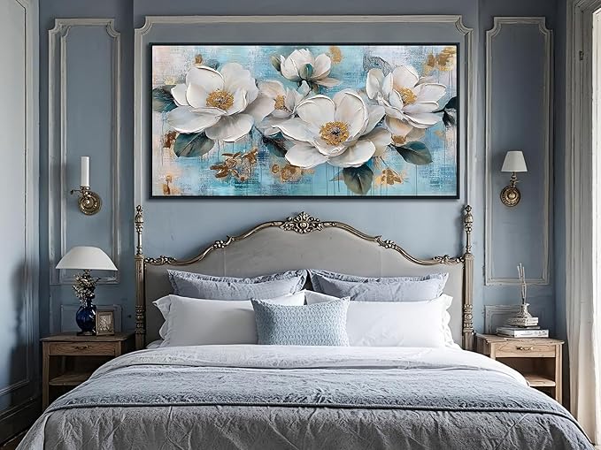 Ardemy Flower Large Wall Art for Living Room，White Gold Floral Canvas Framed Wall Art Painting Artwork Bedroom Picture Wall Decor Home Office 58"x29"