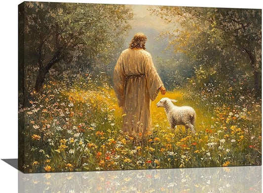 Olivine Christian Wall Art, Jesus Pictures Wall Decor, Lamb Painting, The Lost Sheep Canvas Prints, Framed Artwork for Kitchen Bathroom Bedroom Living Room Office Home Decoration 24"x16"