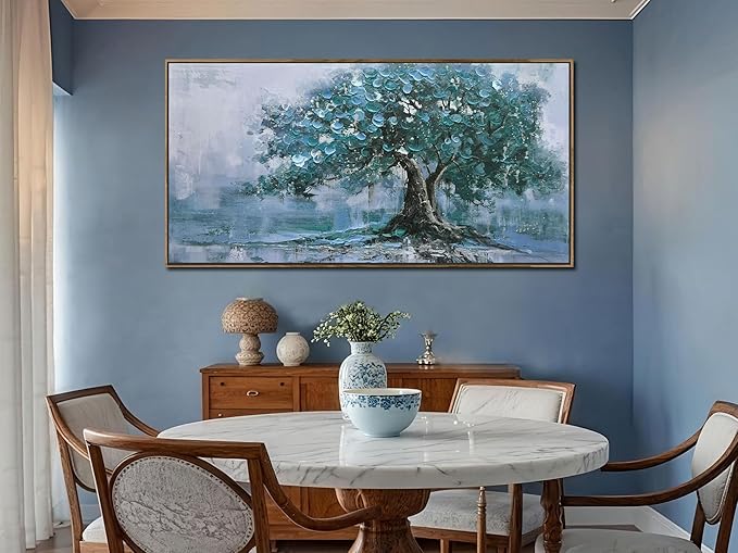 Ardemy Tree Canvas Wall Art for Living Room Teal Tree of Life Landscape Bedroom Picture Modern Nature Painting Blue Artwork Home Office Dining Room Kitchen Wall Decor, Large Wood Framed 40"x20"