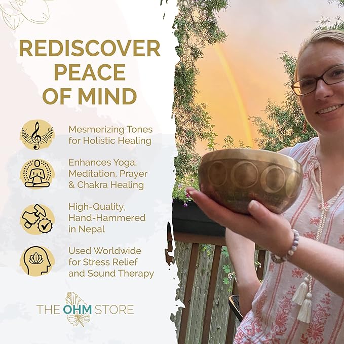 Ancient Design Large Tibetan Singing Bowl Set by Ohm Store — Relaxing Deep Tone Meditation Sound Bowl and Wooden Mallet Handcrafted in Nepal — Inner Space Bowl 6.5 Inch