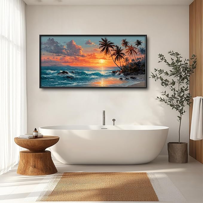 Glocmna Large Wall Art for Living Room Beach Sunset Ocean Waves Wall Decor Tropical Coastal Palm Trees Scenery Canvas Big Seascape Pictures Painting Print Framed Artwork Decorations Gifts for Bedroom Home Office Hotel 30"x60"