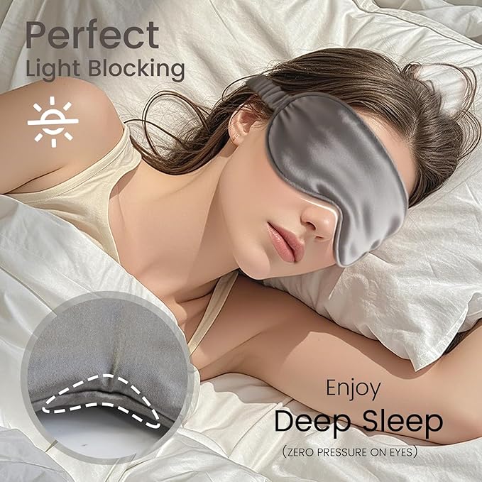 Pure 22 Momme 6A Grade Mulberry Silk Sleep Mask for Side Sleepers - 100% Blackout Eye Mask with Travel Pouch (Grey)
