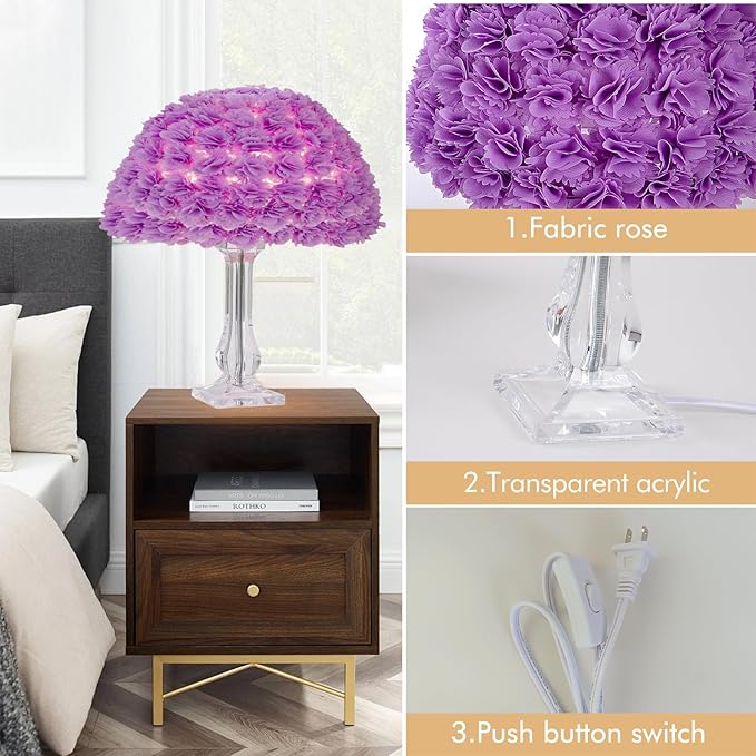 Fabric Flower Desk Lamp Purple Artificial Floral Table Lamp for Girl Chiristmas Gift Nightstand Light Bedside Lamp Decor for Wedding Bedroom Living Room Restaurant Hotel Office