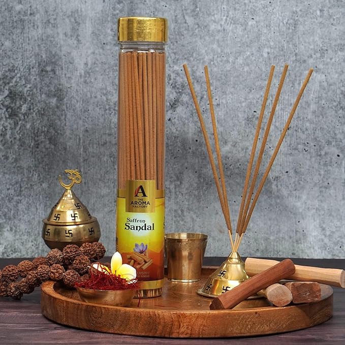 The Aroma Factory Kesar Chandan Agarbatti for Pooja, Luxury Incense Sticks, Low Smoke and Zero Charcoal, Meditation (Bottle Pack of 1, 100 Gram) 4 Cm X 4 Cm X 26 Cm Multicolour