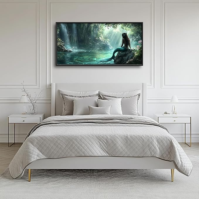 Mermaid Extra Large Wall Art Forest Waterfall Mermaid Pictures Wall Decor Cabin Canvas Prints Painting Oversize Framed Artwork Home Decoration Above Bed for Bedroom Bathroom Living Room 60"x30"