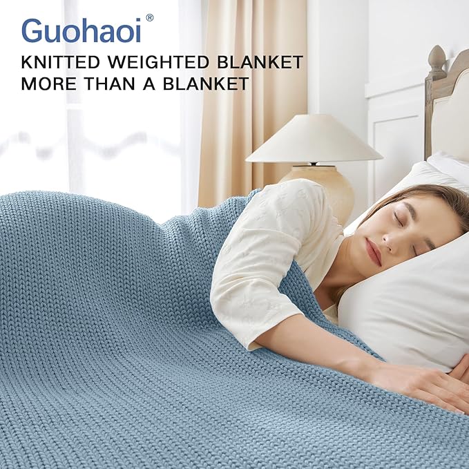 Guohaoi Knitted Weighted Blanket for Adults (Haze Blue 60"x80" 12lbs) No Beads Cooling Throw Blanket for Hot Sleepers, Home Decor Breathable Chunky Knit Heavy Blanket Use on Queen/King Size Bed