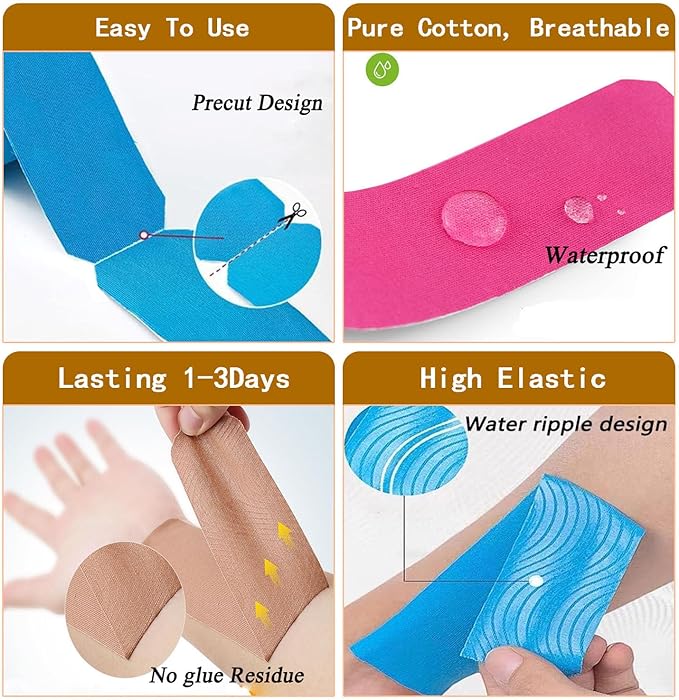 Kinesiology Tape -<2-Rolls>- Original Cotton Elastic Pro Athletic Tape,33 ft 40 Precut Strips in Total,Hypoallergenic and Waterproof K Tape for Muscle Pain Relief and Joint Support(Skin Color)