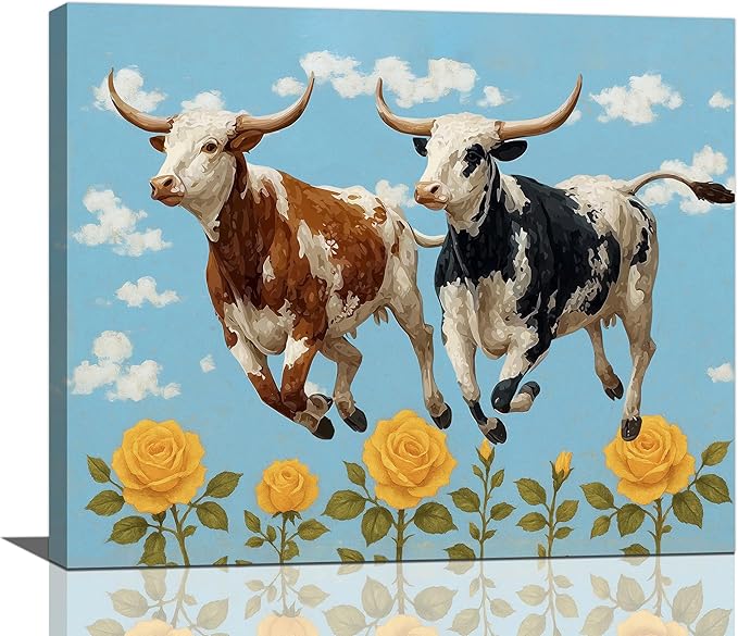 Longhorn Wall Decor Funny Cow Canvas Wall Art Cute Cattle Pictures Painting Artwork Framed Decoration for Bedroom Bathroom Living Room Kitchen Dining Room Office 20"x24"