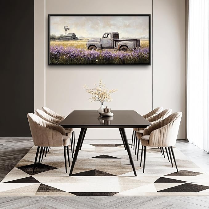 Rustic Truck Wall Art Farmhouse Lavender Barn Pictures Wall Decor Country Large Master Over Above Bed Canvas Prints Horizontal Modern Artwork Painting Home Office Decorations For Bedroom 30"x60"